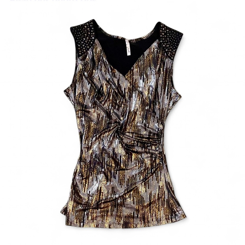 🪩 NWT Linda USA embellished metallic & black sleeveless “going out top” (2010)